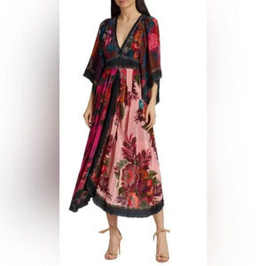 NWT FARM Rio pink and red flower scarves kimono sleeve maxi dress- size S